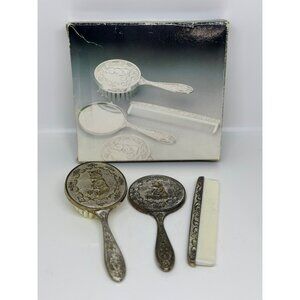 VTG 3-Piece Silver Plated Dresser Vanity Set W/ Mirror, Brush, & Comb OS